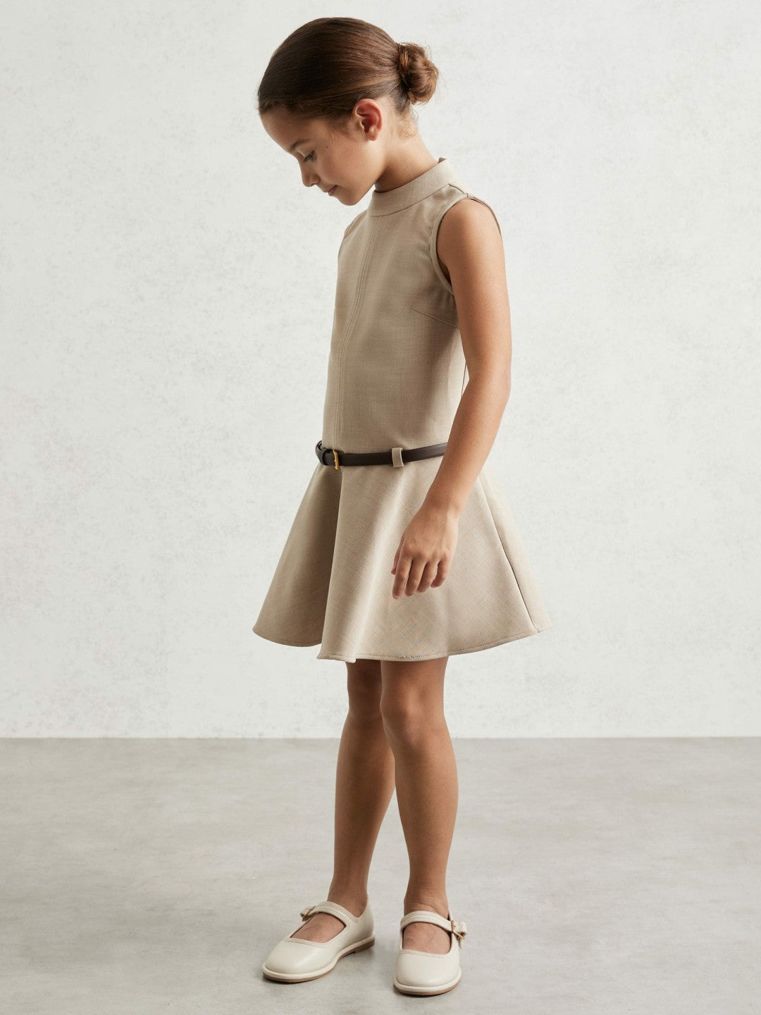 Reiss 9-13 yrs Drop Waist Belted Sleeveless Dress in Neutral