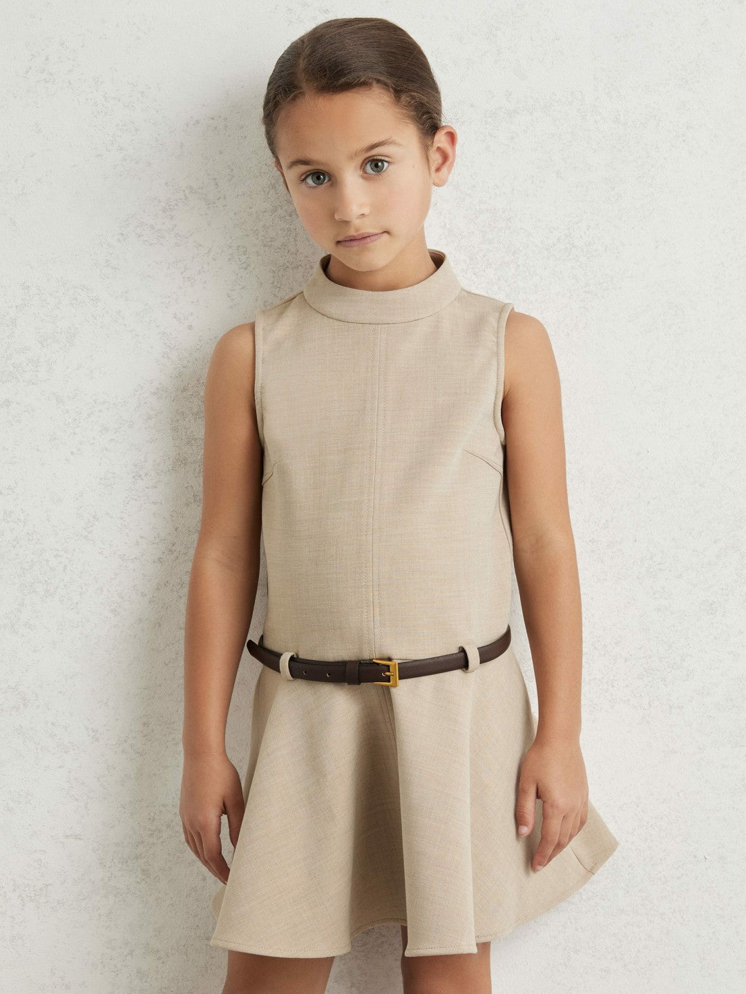 Reiss 9-13 yrs Drop Waist Belted Sleeveless Dress in Neutral