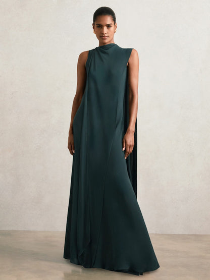 Reiss Petite Crepe Cape Maxi Dress in Teal Green