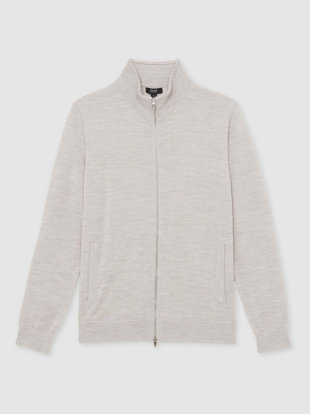Reiss Merino Wool Zip Through Cardigan in Wicker Brown Melange