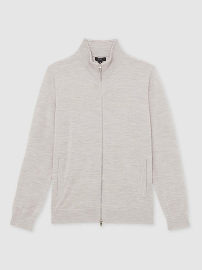 Reiss Merino Wool Zip Through Cardigan in Wicker Brown Melange