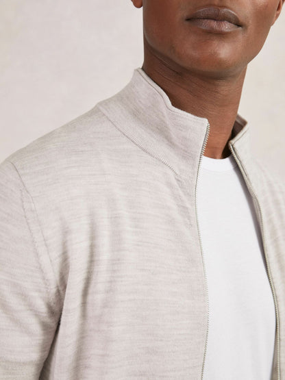 Reiss Merino Wool Zip Through Cardigan in Wicker Brown Melange