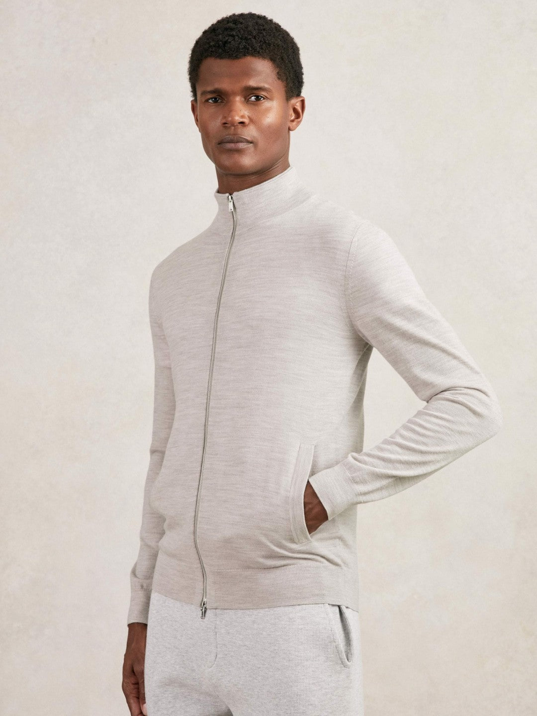 Reiss Merino Wool Zip Through Cardigan in Wicker Brown Melange