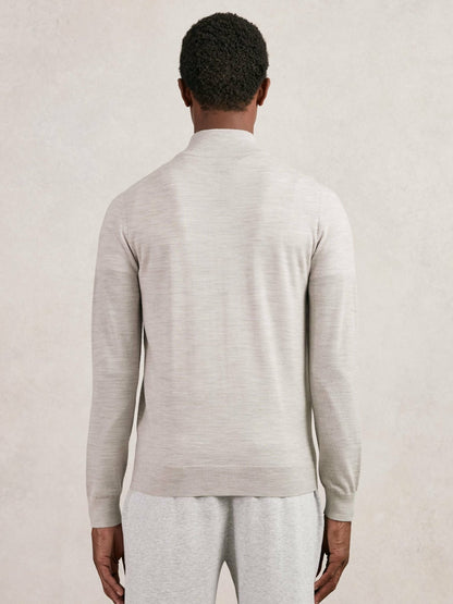 Reiss Merino Wool Zip Through Cardigan in Wicker Brown Melange
