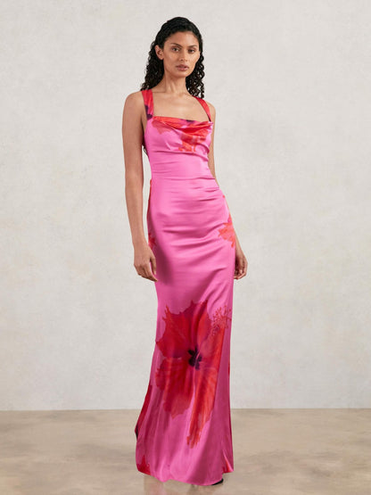 Reiss Good American Satin Floral Maxi Dress in Pink