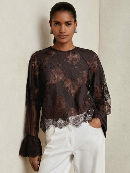 Reiss Lace Flared Cuff Blouse in Chocolate Brown