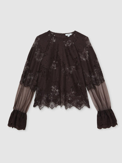 Reiss Lace Flared Cuff Blouse in Chocolate Brown