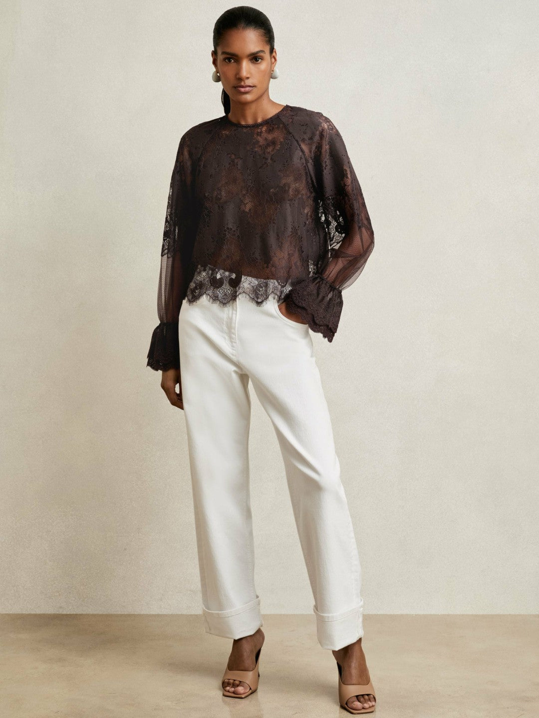 Reiss Lace Flared Cuff Blouse in Chocolate Brown