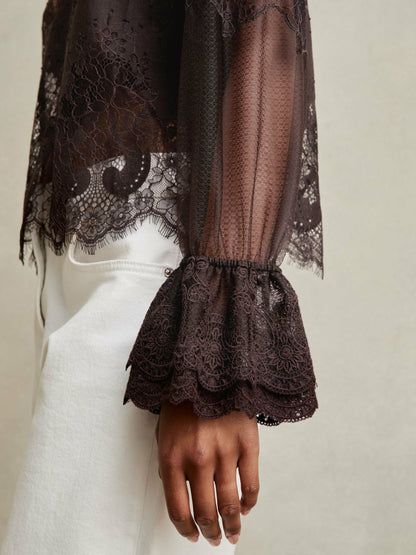 Reiss Lace Flared Cuff Blouse in Chocolate Brown