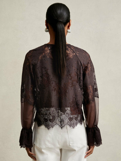 Reiss Lace Flared Cuff Blouse in Chocolate Brown