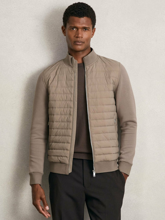 Reiss Hybrid Quilt and Knit Zip-Through Jacket in Taupe Brown