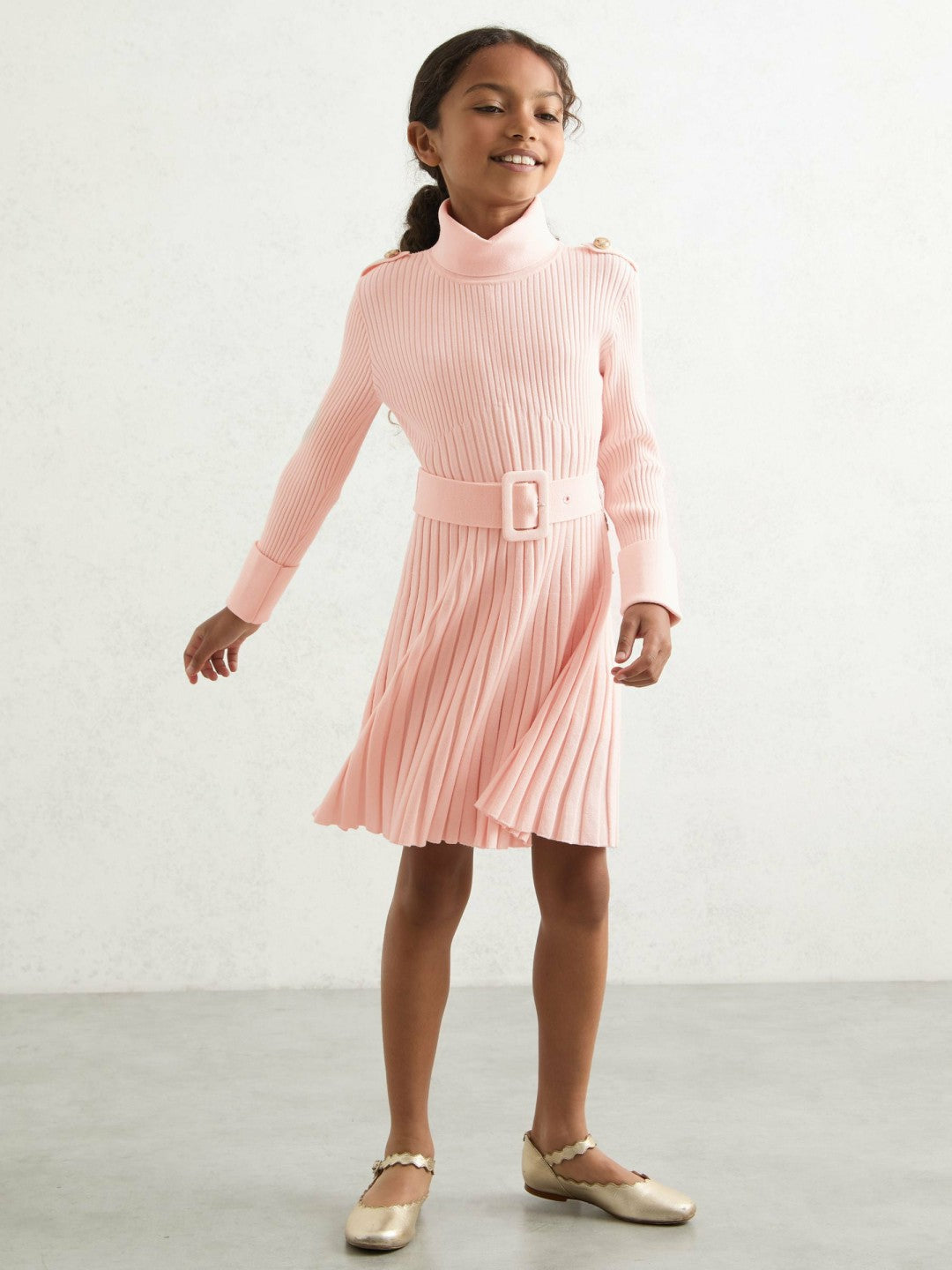 Reiss 13-14 yrs Rib-Knit Roll-Neck Belted Dress in Pink