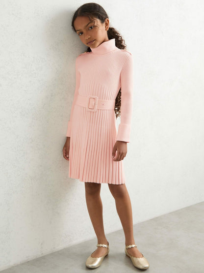 Reiss 3-9 yrs Rib-Knit Roll-Neck Belted Dress in Pink