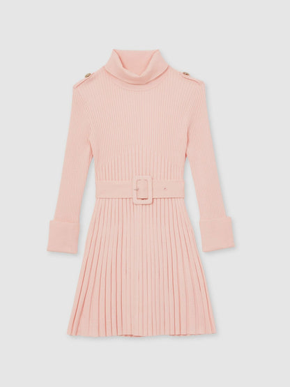 Reiss 3-9 yrs Rib-Knit Roll-Neck Belted Dress in Pink