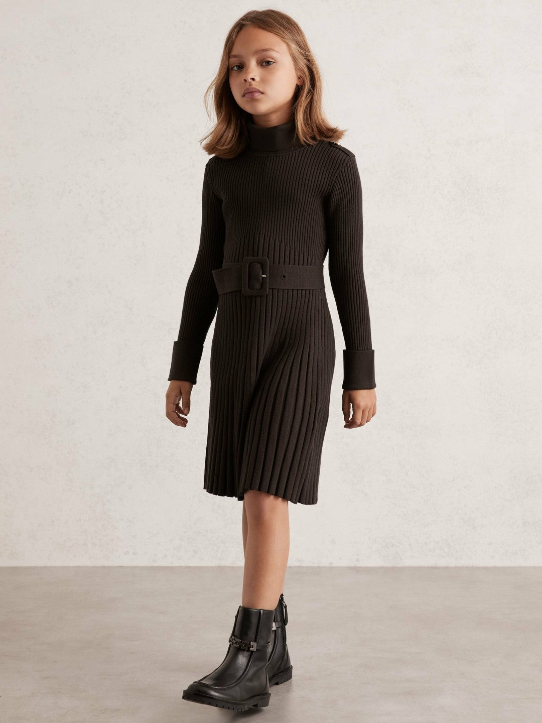 Reiss 3-9 yrs Rib-Knit Roll-Neck Belted Dress in Chocolate