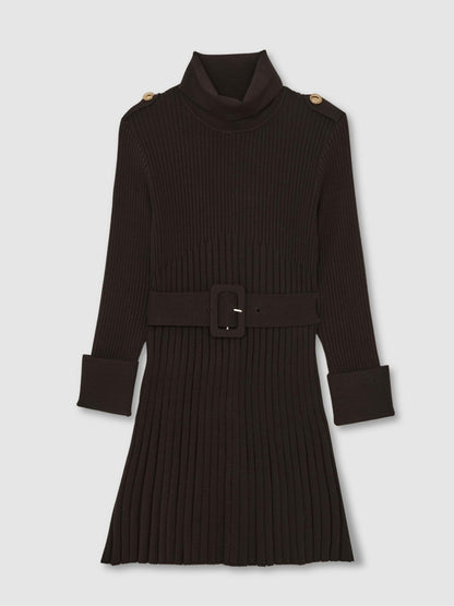 Reiss 3-9 yrs Rib-Knit Roll-Neck Belted Dress in Chocolate