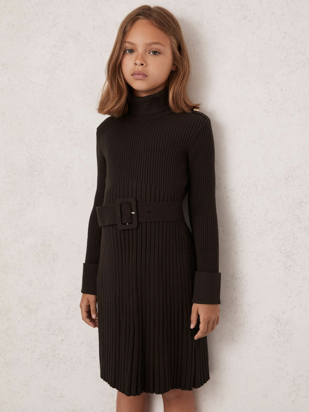 Reiss 3-9 yrs Rib-Knit Roll-Neck Belted Dress in Chocolate
