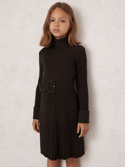 Reiss 3-9 yrs Rib-Knit Roll-Neck Belted Dress in Chocolate