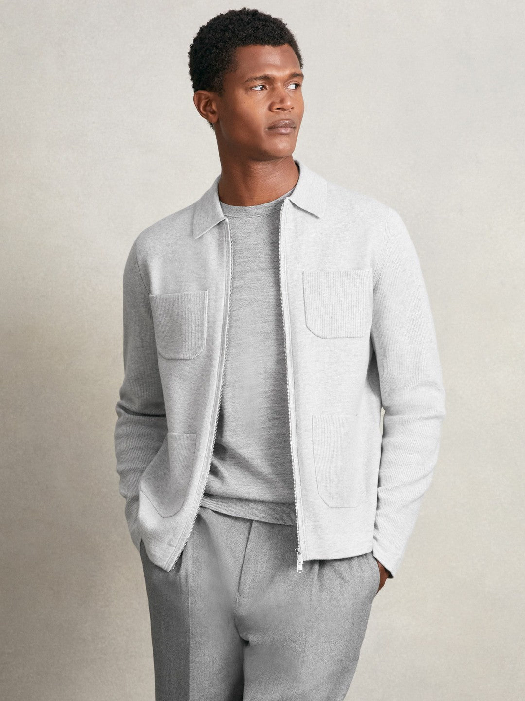 Reiss Four-Pocket Zip-Through Cardigan in Soft Grey
