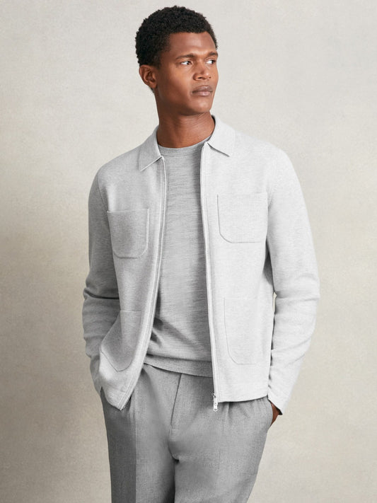 Reiss Four-Pocket Zip-Through Cardigan in Soft Grey