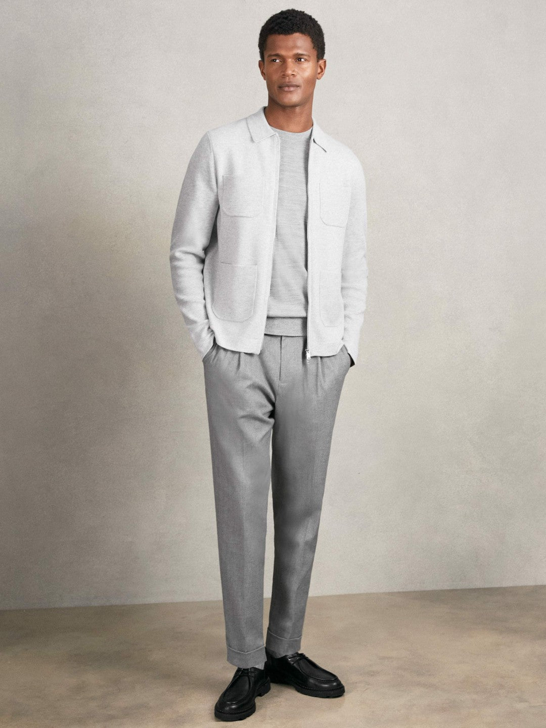 Reiss Four-Pocket Zip-Through Cardigan in Soft Grey
