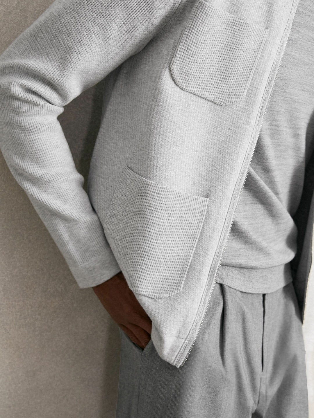 Reiss Four-Pocket Zip-Through Cardigan in Soft Grey