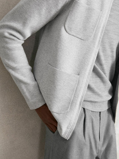 Reiss Four-Pocket Zip-Through Cardigan in Soft Grey