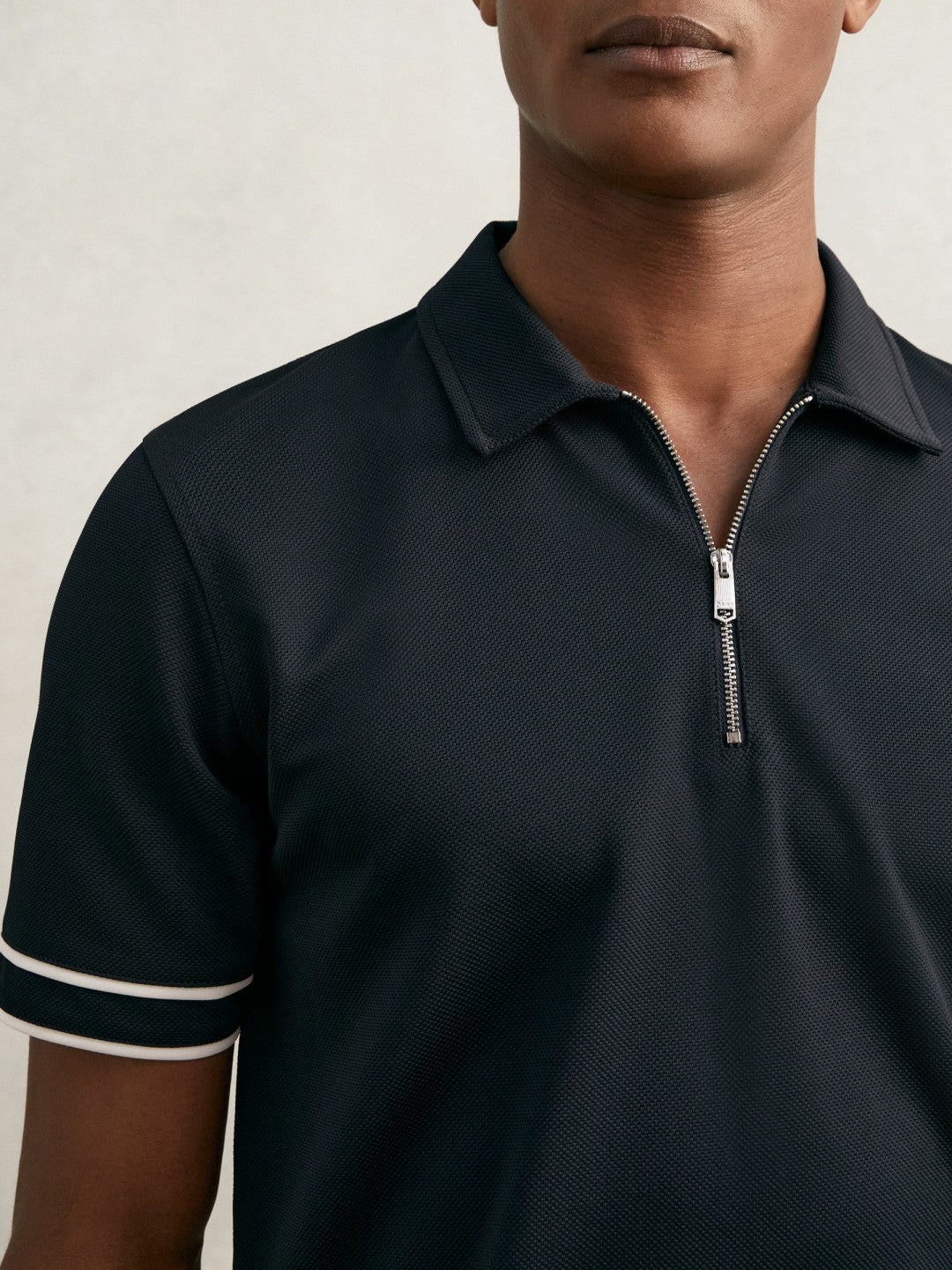 Reiss Textured Half-Zip Tipped Polo Shirt in Navy