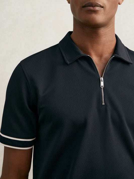 Reiss Textured Half-Zip Tipped Polo Shirt in Navy