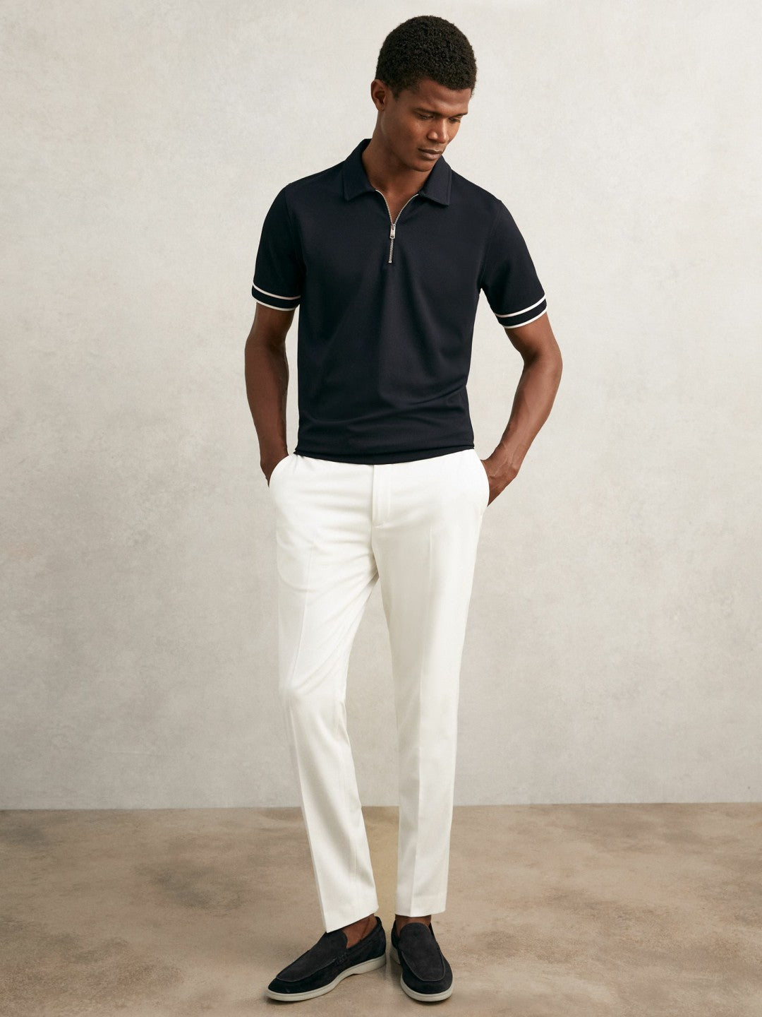 Reiss Textured Half-Zip Tipped Polo Shirt in Navy
