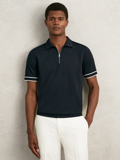 Reiss Textured Half-Zip Tipped Polo Shirt in Navy
