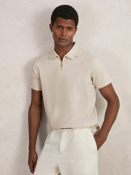 Reiss Textured Raglan Half-Zip Polo Shirt in Stone