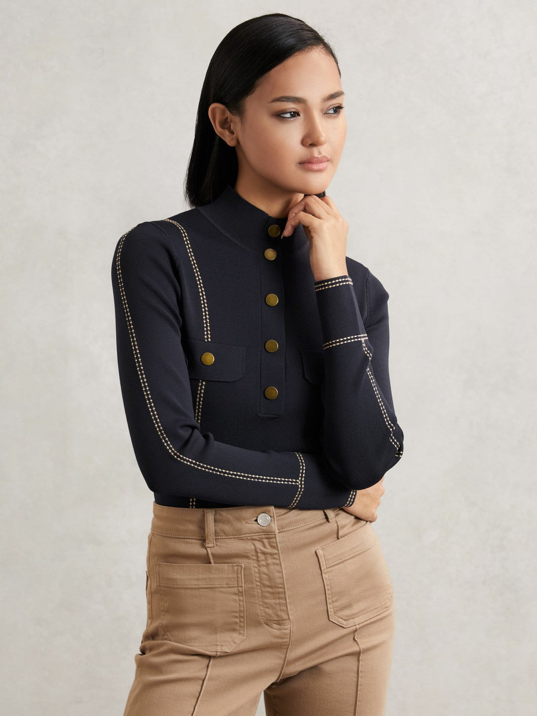 Reiss Contrast-Stitch Knit Top in Navy