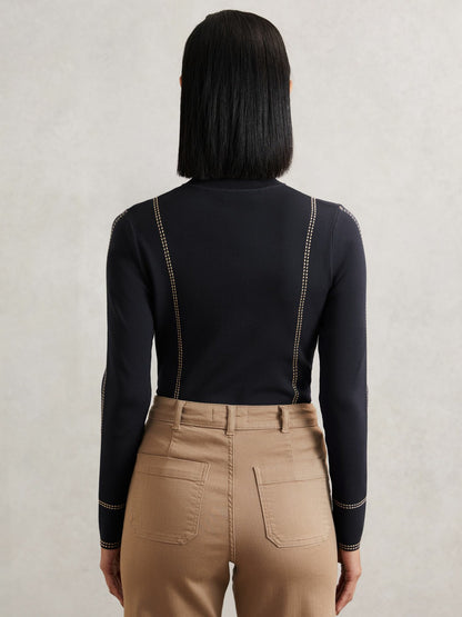 Reiss Contrast-Stitch Knit Top in Navy