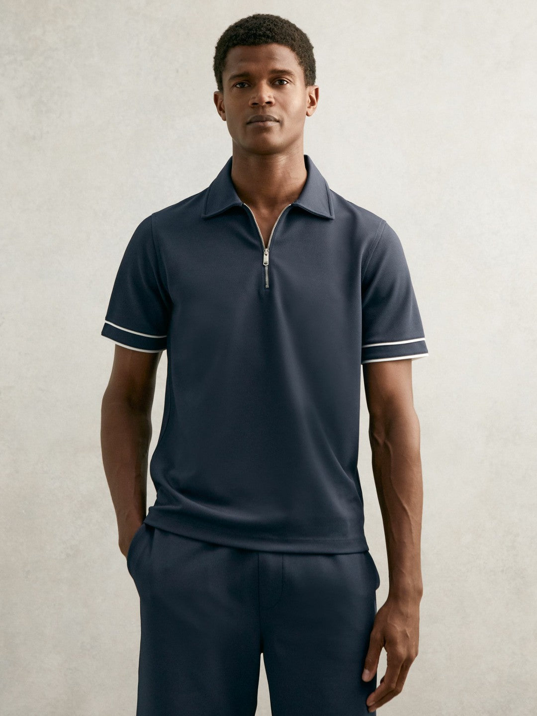 Reiss Textured Half-Zip Tipped Polo Shirt in Airforce Blue
