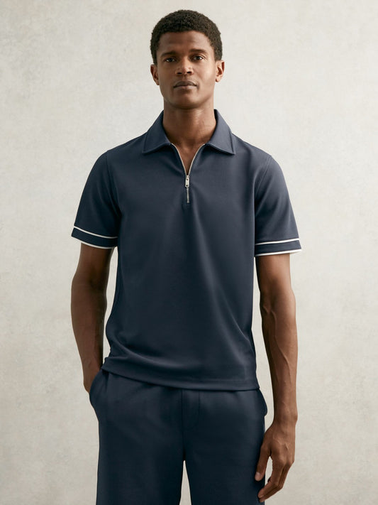 Reiss Textured Half-Zip Tipped Polo Shirt in Airforce Blue