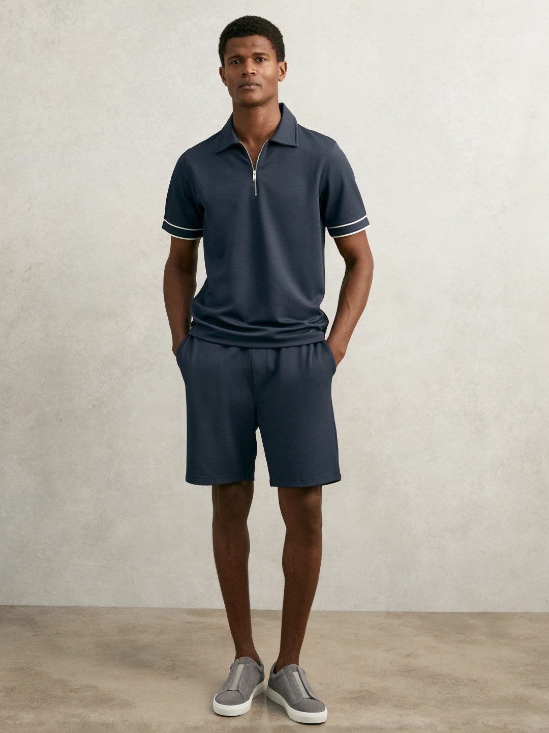 Reiss Textured Half-Zip Tipped Polo Shirt in Airforce Blue