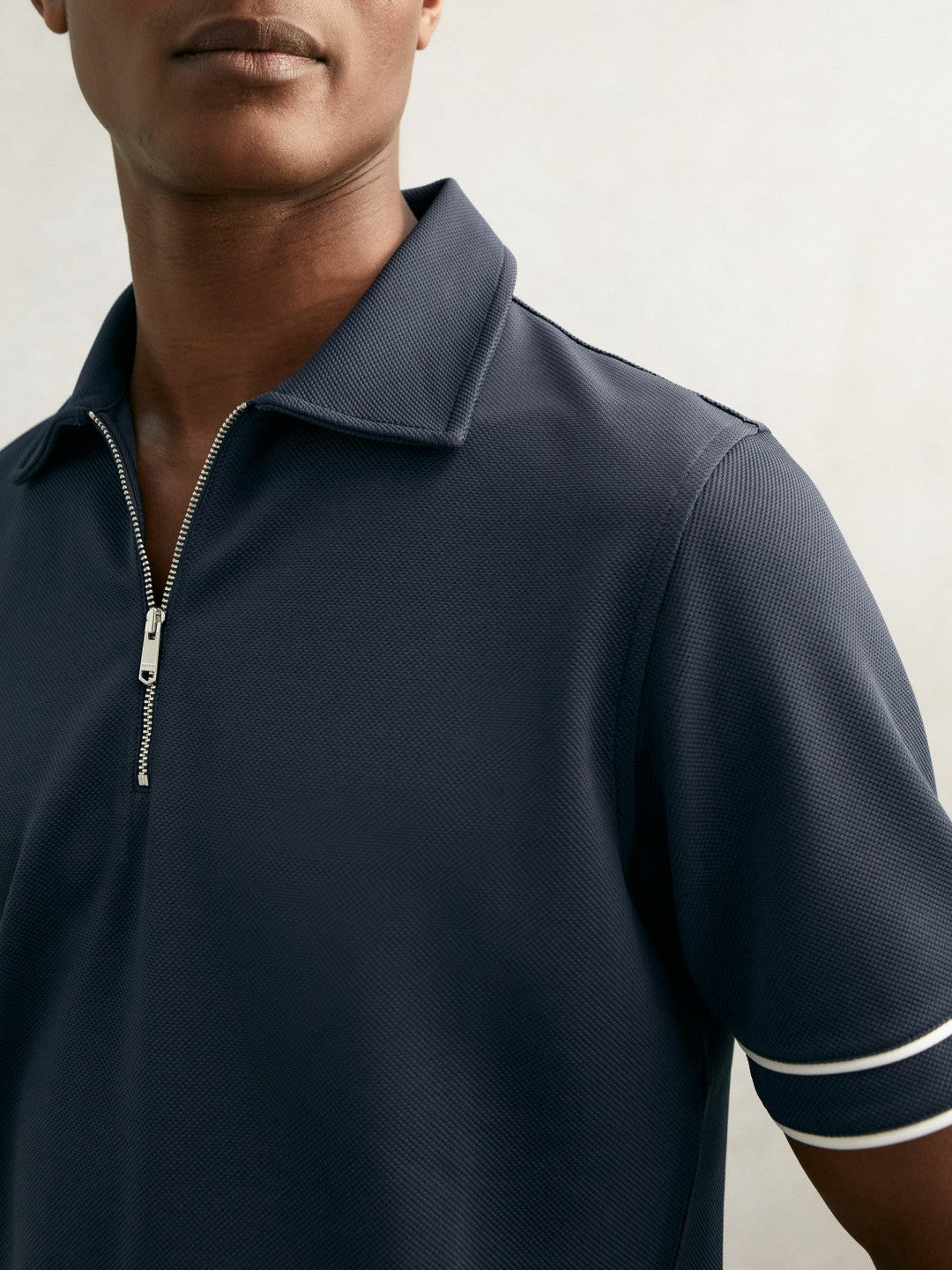 Reiss Textured Half-Zip Tipped Polo Shirt in Airforce Blue
