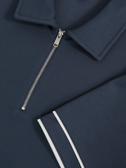 Reiss Textured Half-Zip Tipped Polo Shirt in Airforce Blue