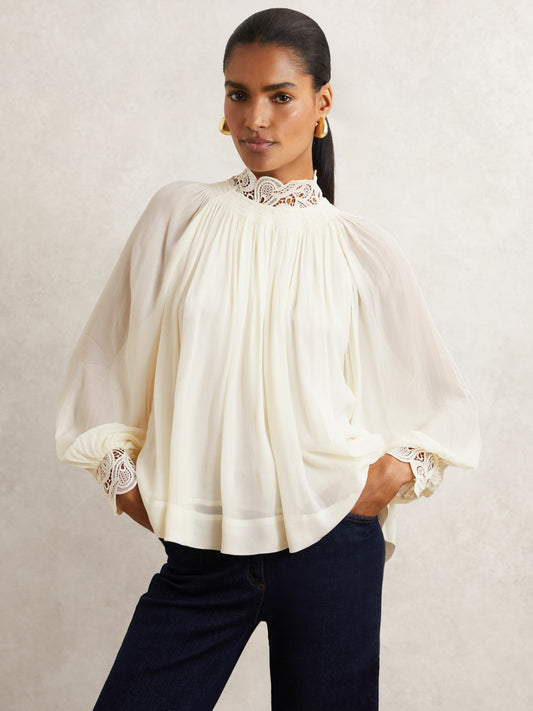 Reiss Lace-Trim Draped Chiffon Top in Cream