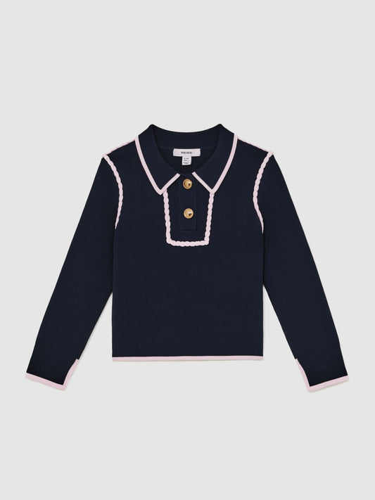 Reiss 13-14 yrs Piped Knitted Collar Top in Navy
