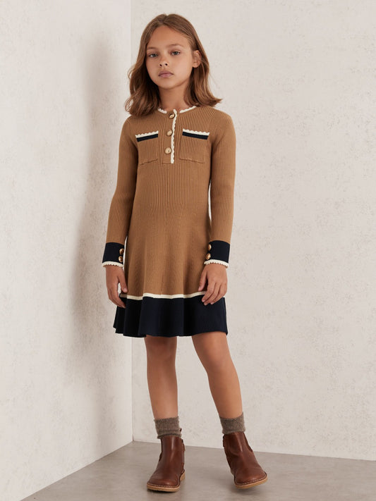 Reiss 3-9 yrs Scallop-Trim Rib-Knit Dress in Camel