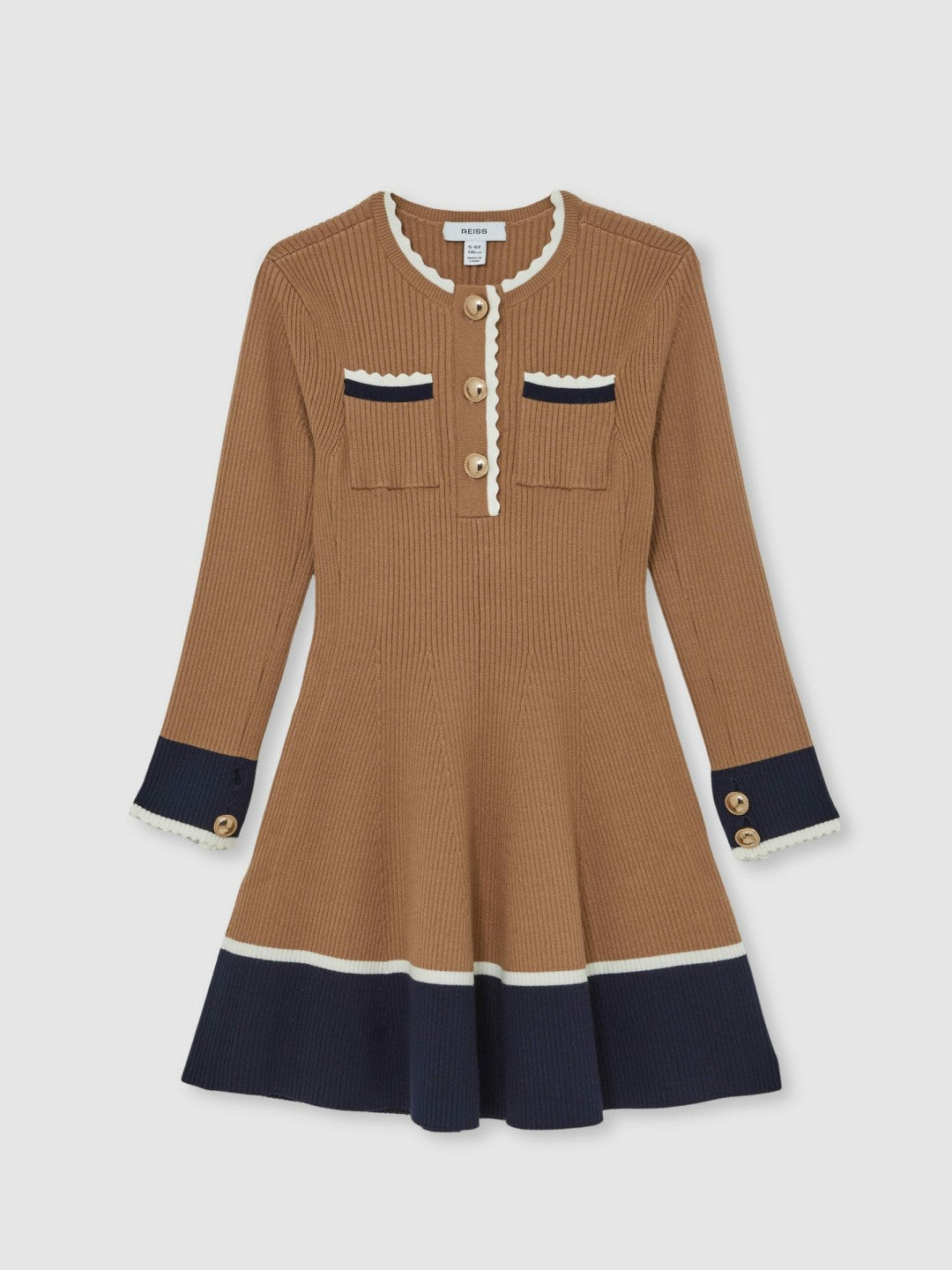 Reiss 3-9 yrs Scallop-Trim Rib-Knit Dress in Camel