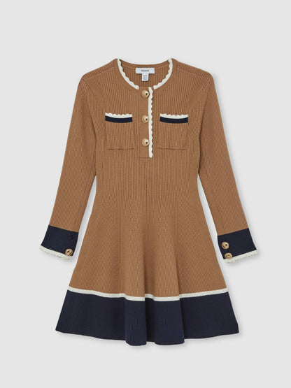 Reiss 3-9 yrs Scallop-Trim Rib-Knit Dress in Camel