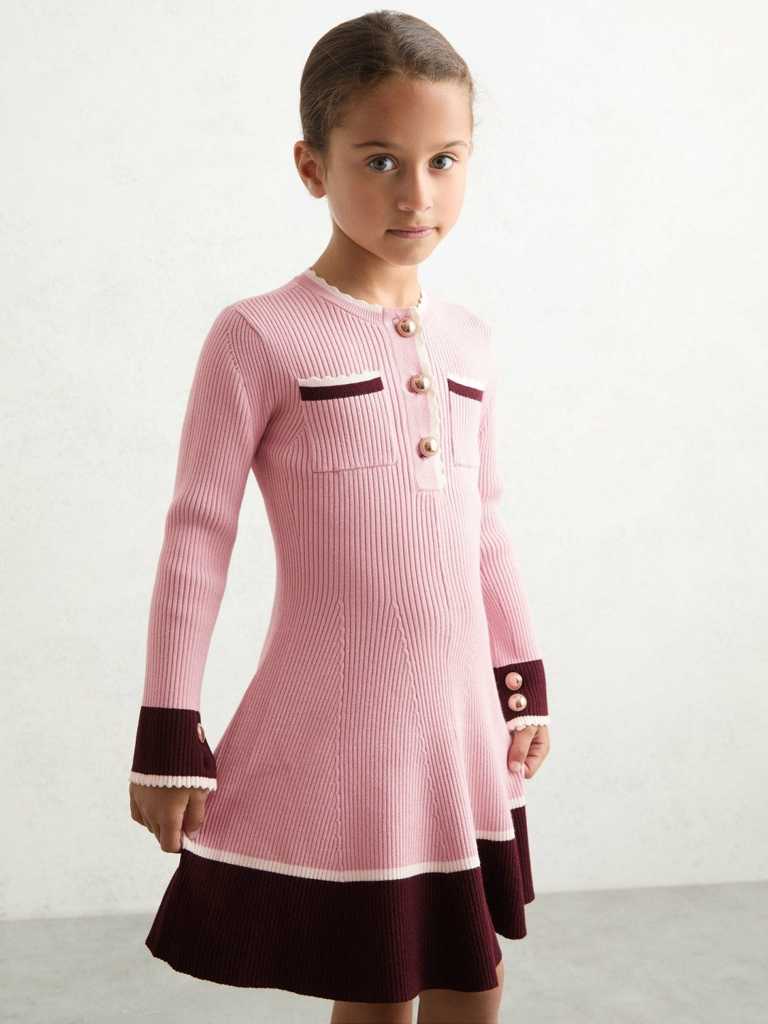 Reiss 13-14 yrs Scallop-Trim Rib-Knit Dress in Pink