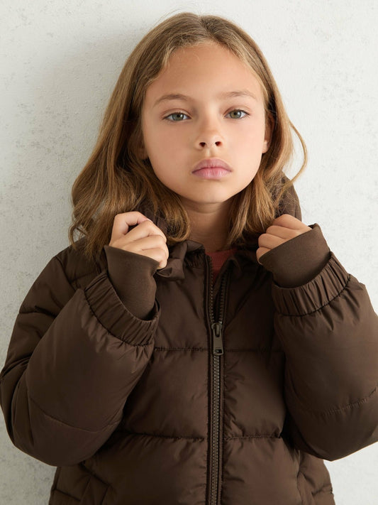 Reiss 9-13 yrs Short Hooded Puffer Coat in Chocolate