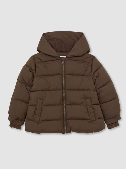 Reiss 9-13 yrs Short Hooded Puffer Coat in Chocolate