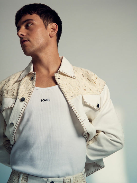 Reiss | Tom Daley Crochet Denim Jacket in Off White