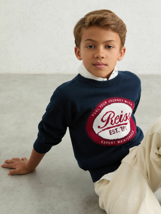 Reiss 9-13 yrs Cotton Motor Cars Logo Jumper in Navy