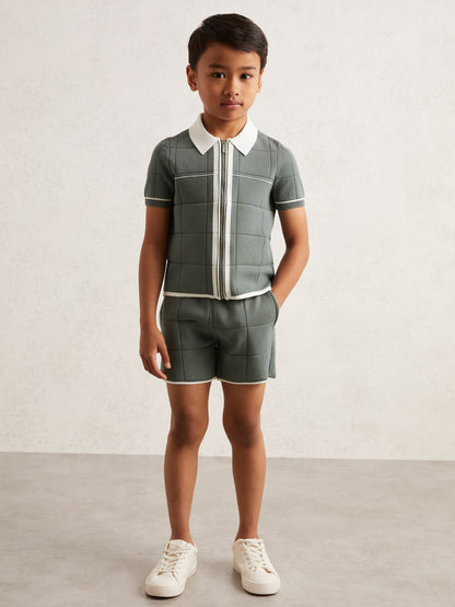 Reiss 3-9 yrs Tipped Knit Stitch-Detail Shorts in Dark Sage Green